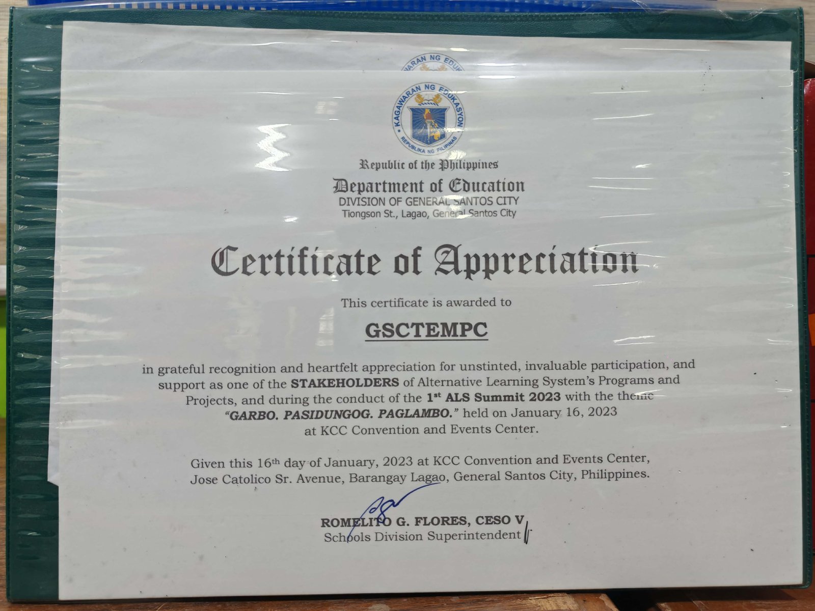 Certificate of Appreciation – 1st ALS Summit 2023