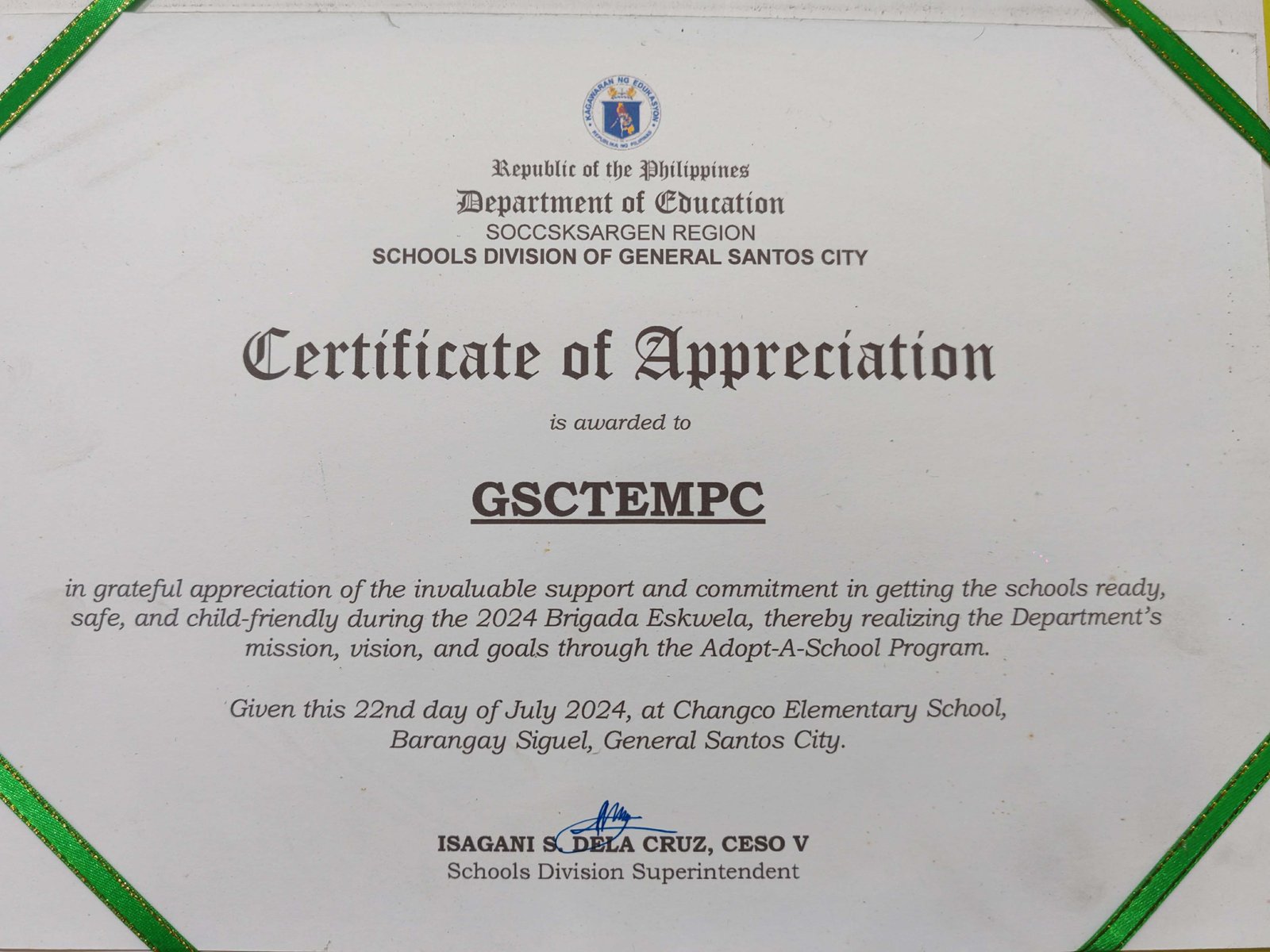Certificate of Appreciation – Changco Elementary School (Brigada Eskwela 2024)