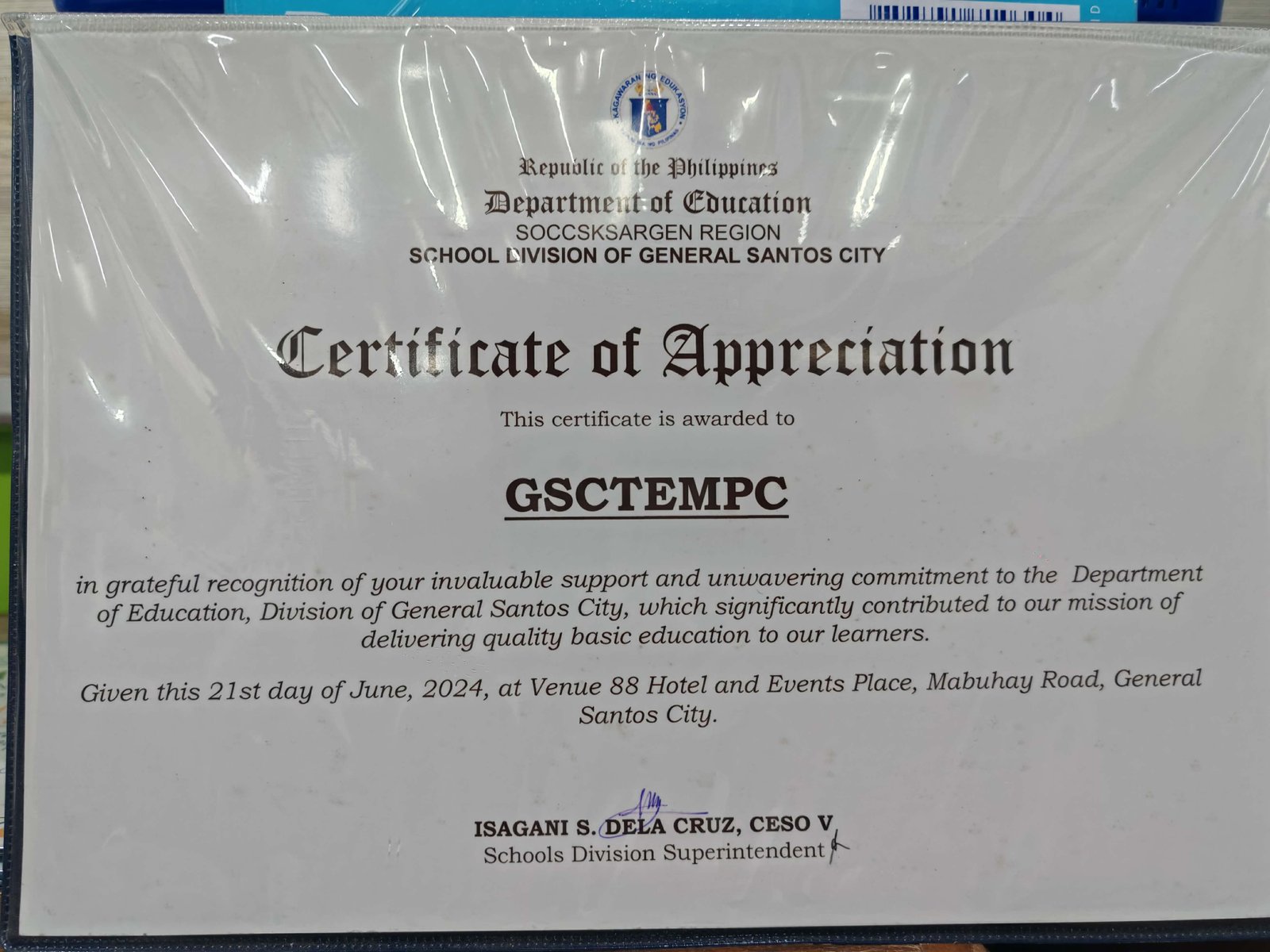 Certificate of Appreciation – Department of Education, SOCCSKSARGEN Region