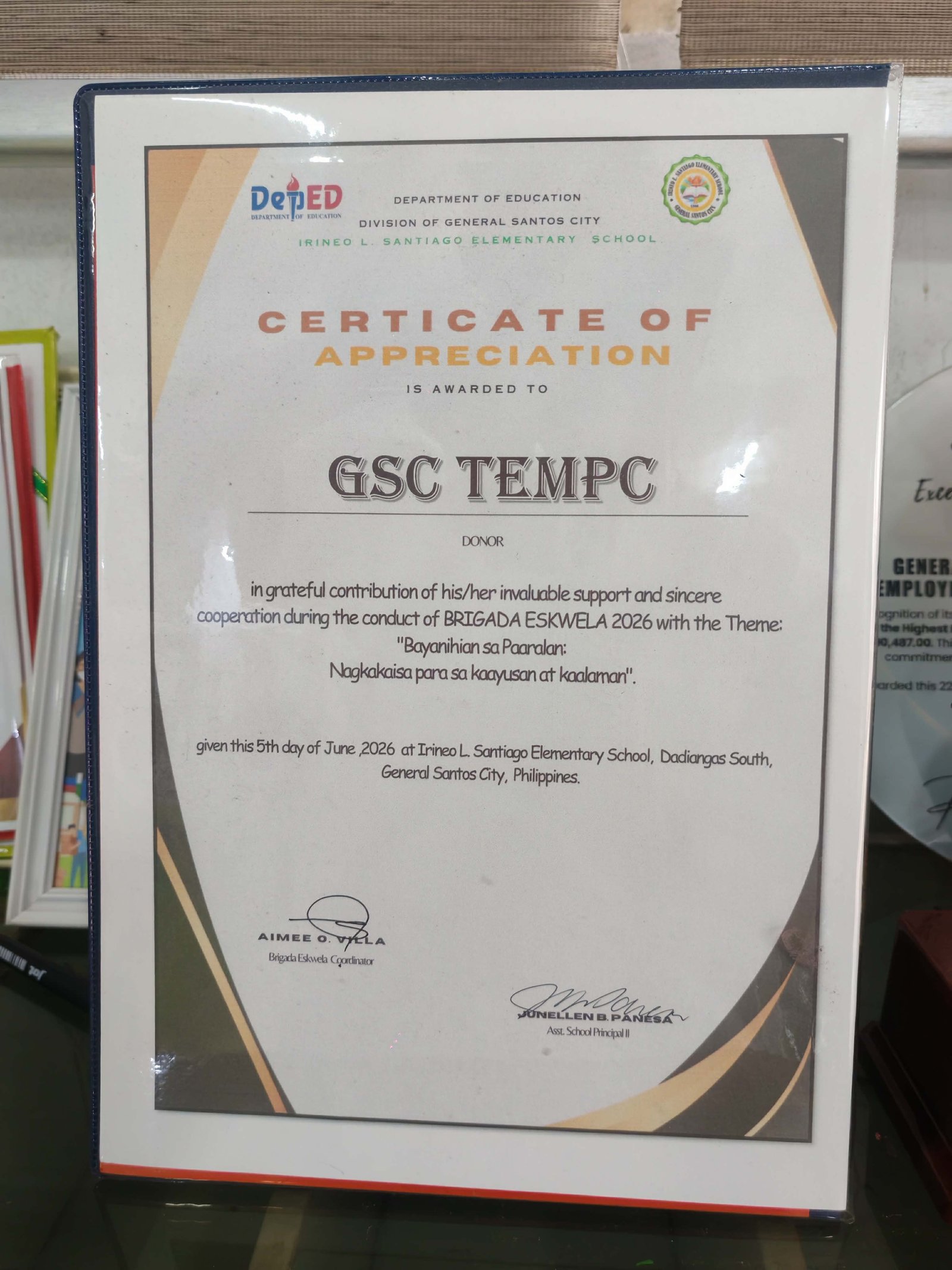 Certificate of Appreciation – Irineo L. Santiago Elementary School (Brigada Eskwela 2026)