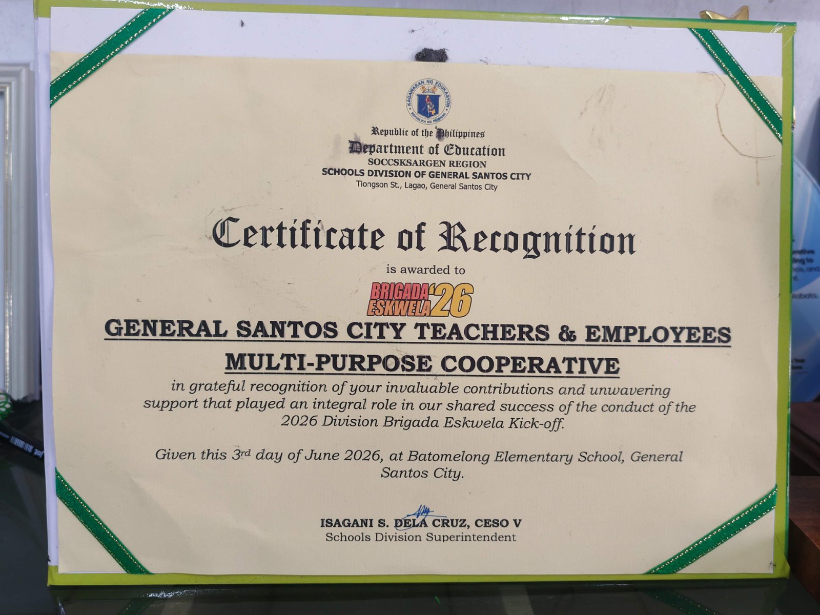 Certificate of Recognition – Brigada Eskwela '26