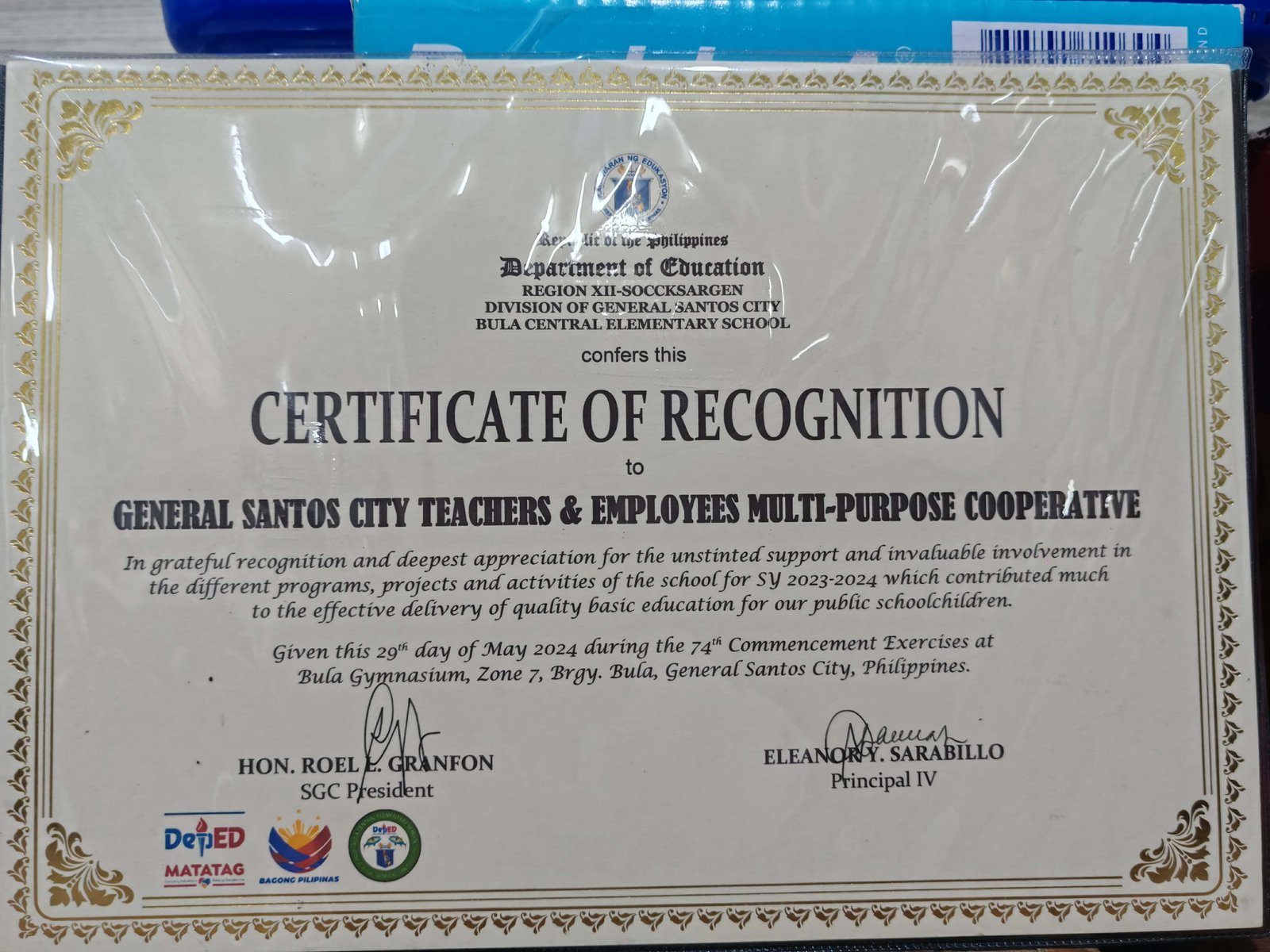 Certificate of Recognition – Bula Central Elementary School