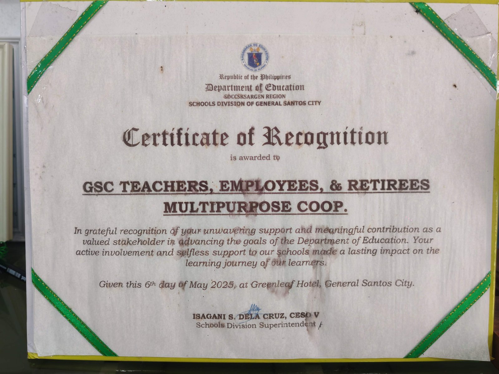 Certificate of Recognition – Department of Education, SOCCSKSARGEN Region