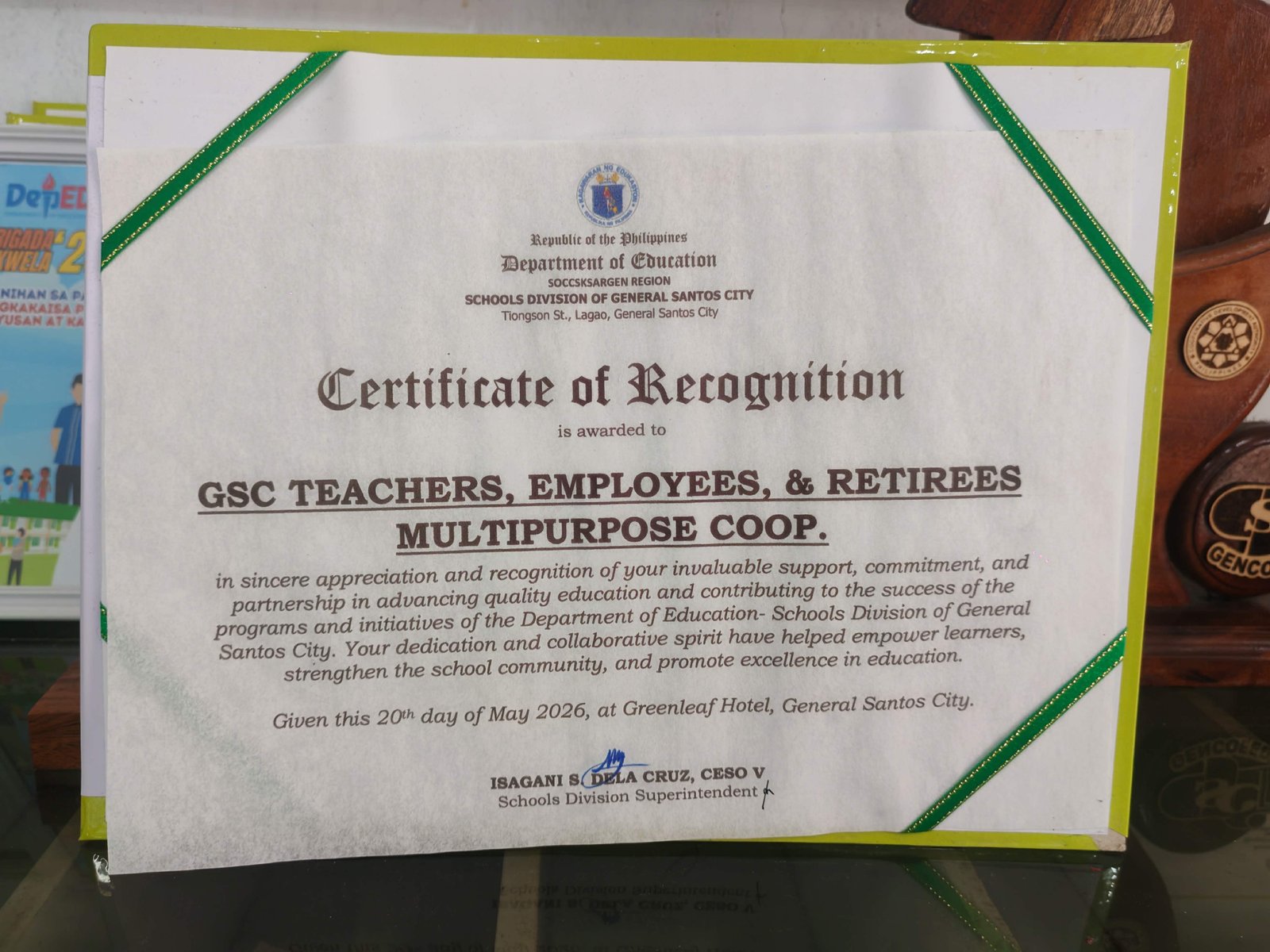 Certificate of Recognition – Department of Education, SOCCSKSARGEN Region
