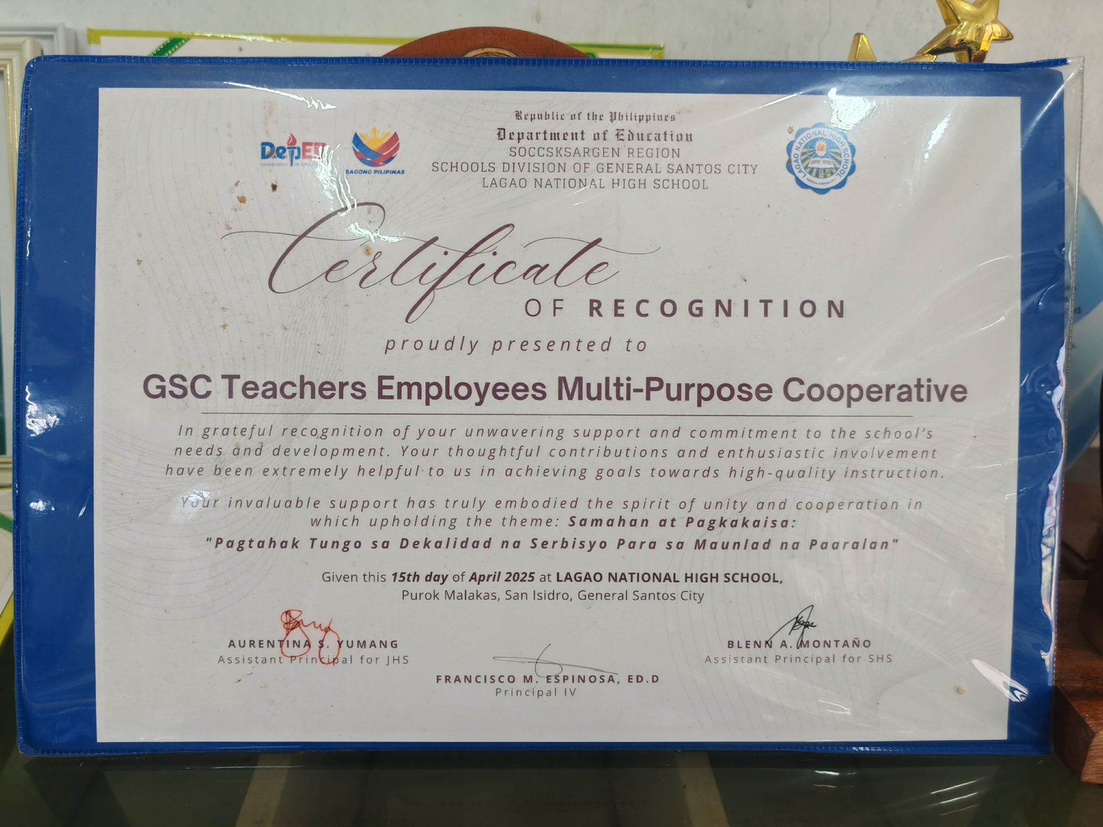 Certificate of Recognition – Lagao National High School
