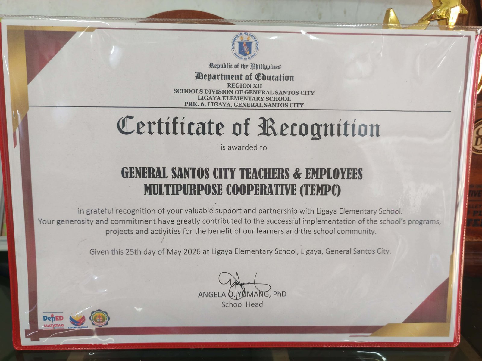 Certificate of Recognition – Ligaya Elementary School