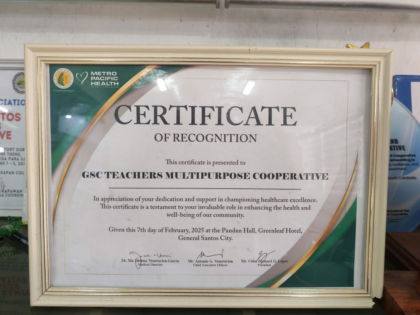 Certificate of Recognition – St. Elizabeth Hospital / Metro Pacific Health