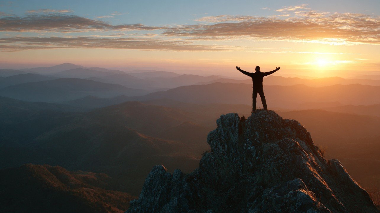 Person standing on a mountain ridge overlooking a wide landscape, representing the cooperative's vision
